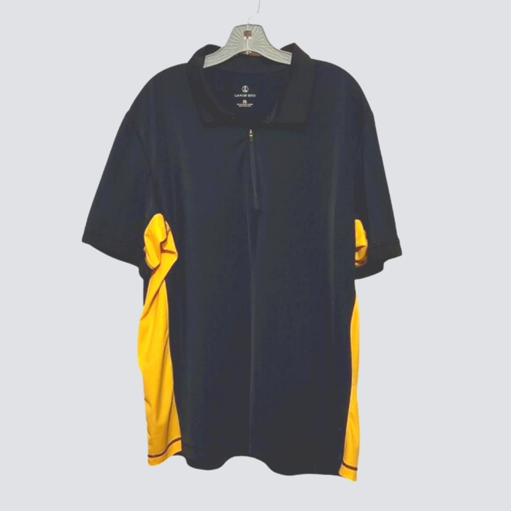 Lands End Shirt Short Sleeves 1/4 Zip Nylon Blue w/ Yellow Mens XXL 50-52